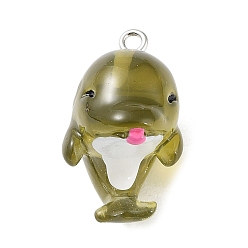Цвет Оливы Подвески с морскими животными из прозрачной смолы, Подвески в виде дельфинов с железными петлями с платиновым покрытием, оливковый, 26x19x16 мм, отверстие : 2 мм