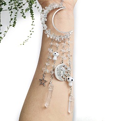 Хрусталь Обернутые проволокой кристаллы натурального кварца и металлические подвесные украшения в форме луны, Ловец солнца с грибами и стеклянной кисточкой для украшения оконного сада, 250 мм