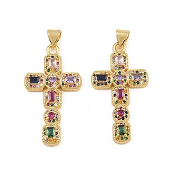 Coloré Micro cuivres ouvrent pendentifs zircone cubique, breloques en forme de croix octogonale, sans cadmium et sans plomb, or, colorées, 32x17.5x4mm, Trou: 5x3mm