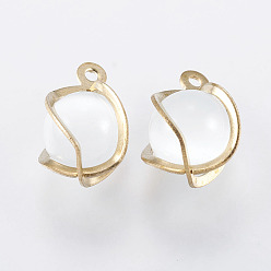 White Cat Eye Charms, with Brass Finding, Round, Golden, White, 13.5x10mm, Hole: 1mm