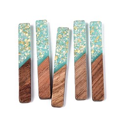 Средний Бирюзовый Подвески из непрозрачной смолы и орехового дерева, прямоугольник амулеты, с блестящей пудрой и золотой фольгой, средне бирюзовый, 51.5~52x7~7.5x3~4 мм, отверстие : 2 мм