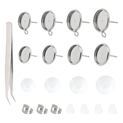 Stainless Steel Color Flat Round 202 Stainless Steel Stud Earring Settings, with 304 Stainless Steel Pins and Loop, with Glass Cabochons, Plastic Ear Nuts and 304 Stainless Steel Beading Tweezers, Stainless Steel Color, 360pcs/box