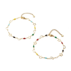 Golden Brass Moon & Star Link Chain Anklet with Glass Beads for Women, Golden, 9-1/2 inch(24cm)