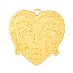 Золотой 304 подвески из нержавеющей стали, сердце с очарованием человеческого лица, золотые, 20x19 мм