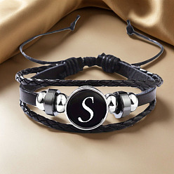 Letter S Регулируемые многослойные браслеты из искусственной кожи, браслеты из латунных стеклянных бусин, плоские круглые с буквы, платина, Письмо с, 7-1/8~9-1/8 дюйм (18~23 см)
