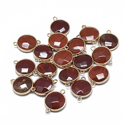 Красная Радужная Яшма Соединители из натуральной красной радужной яшмы, с фурнитурой латунной золотого тона, граненые, плоско-круглые, 25.5~26.5x17~18x6~7 мм, отверстие : 2~2.5 мм