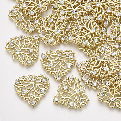 Light Gold Alloy Pendants, with Crystal Rhinestone, Heart with Branch and Leaf, Light Gold, 21x21.5x3mm, Hole: 1.5mm