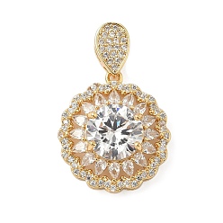 Настоящее золото 18K Латунные микропаве прозрачные подвески с фианитом, без никеля , плоско-круглые, реальный 18 k позолоченный, 22.5x20x8 мм, отверстие : 1.7x4.8 мм