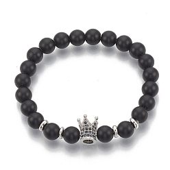 Platin Farbe Stretch-Armbänder aus synthetischem Lavastein, mit Messing micro pave Zirkonia Zubehör, Krone, Schwarz, Platin Farbe, 1-3/4 Zoll (4.5cm)~2 Zoll (5cm)