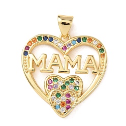 Золотой Подвески ко Дню матери из латуни с микропаве и разноцветными кубическими циркониями., сердце со словом мама прелести, золотые, 23.5x23x3 мм, отверстие : 3.5x3 мм