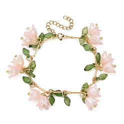 Pink Браслеты с подвесками из акрила и жемчуга в виде цветка, листьев и ракушек, браслеты-цепочки из латуни для женщин, золотые, розовые, 7 дюйм (17.7 см)