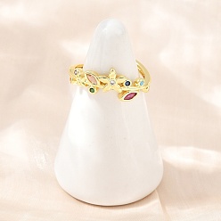 Colorido Anillos abiertos tipo brazalete de latón con circonitas cúbicas engastadas, hoja con la flor, sin plomo y el cadmio, larga duración plateado, chapado en rack, real 18 k chapado en oro, colorido, 8 mm, tamaño de EE. UU. 7 1/4 (17.5 mm)