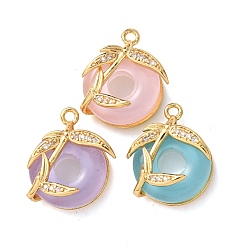 (52) Непрозрачная лаванда Латунные микропаве прозрачные подвески с фианитом, со стеклом, реальный 18 k позолоченный, плоский круглый с подвесками в виде листьев, разноцветные, 18x14.5x8.5 мм, отверстие : 1.6 мм
