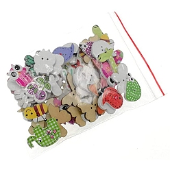 Mixed Color 2-hole Painted Wooden Buttons, Animal Style, Mixed Shapes, Mixed Color, 50pcs/bag