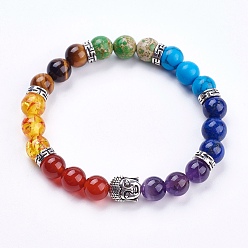 Mixed Stone Chakra Natural Mixed Stone Stretch Bracelets, with Alloy Finding, Burlap Packing Pouches Drawstring Bags, 2 inch(50mm)