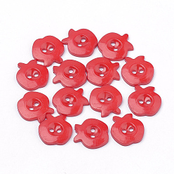 Rouge Boutons acryliques 2 trous, pomme, rouge, 14x13x2mm, Trou: 1.5~2mm