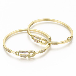 Real 16K Gold Plated Brass Micro Pave Clear Cubic Zirconia Bangles, Nickel Free, Safety Pin, Real 16K Gold Plated, Inner Diameter: 2-1/4x1-2-1/8 inch(5.8x5.3cm), 9.5mm