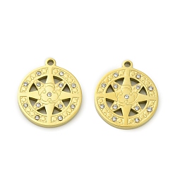 Настоящее золото 18K 304 подвески из нержавеющей стали, плоские круглые со звездой, со стразами, ионное покрытие (ip), реальный 18 k позолоченный, 18x16x2 мм, отверстие : 1.5 мм