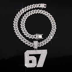 Platinum Alloy Full Crystal Rhinestone Number 67 Pendant Cuban Link Chain Necklaces for Men, Platinum, 19.69 inch(50cm)