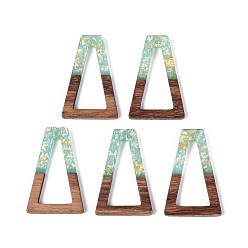 Средний Бирюзовый Подвески из непрозрачной смолы и орехового дерева, трапециевидные подвески, с блестящей пудрой и золотой фольгой, средне бирюзовый, 38x24.5x3 мм, отверстие : 2 мм