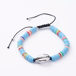 Light Sky Blue Handmade Polymer Clay Braided Beads Bracelets, with Electroplated Cowrie Shell Beads, Brass Beads and Nylon Thread, Light Sky Blue, 2-3/8 inch~3-1/8 inch(6.1~8cm)