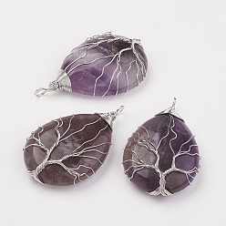 Аметист Природный аметист большие кулоны, слеза, Подвески из латунной проволоки, платина, 50~55x31x11 мм, отверстие : 5 мм