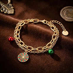 Candy Christmas 304 Stainless Steel Enamel Charm 2-Strand Bracelets, Golden, Colorful, Candy, 6.69 inch(17cm)