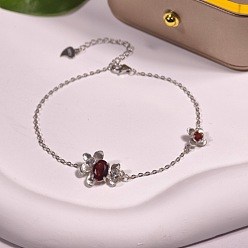 Темно-Красный 925 браслеты из стерлингового серебра с кубическим цирконием и кварцем, браслеты-цепочки для женщин, цветок, серебряные, темно-красный, 5.91 дюйм (15 см)