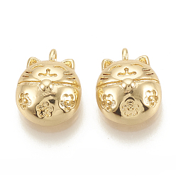 Настоящее золото 18K Подвеска из латуни lucky kitten с эмалью, манэки неко / манящая кошка, без никеля , реальный 18 k позолоченный, 11x9x5 мм, отверстие : 1 мм