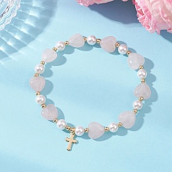 Розовый Кварц Эластичные браслеты из натурального розового кварца в форме сердца и жемчужных бусин в форме ракушки., 304 Браслеты с подвесками в виде крестов из нержавеющей стали для женщин, внутренний диаметр: 1.97~2.05 дюйм (5~5.2 см)