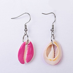 Deep Pink Dangle Earring, with Stainless Steel Findings, Cowrie Shell and Enamel Beads, Deep Pink, 41.5~45.5mm, Pin: 0.6mm