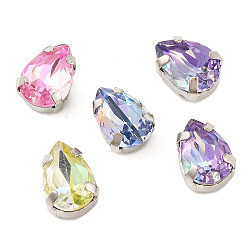 Платина Шить на горный хрусталь, многожильные звенья из стекла, хрусталя и стразов, с настройками латуни, аксессуары для одежды, граненые, слеза, платина, 10x7.5x5 мм, отверстие : 0.9 мм