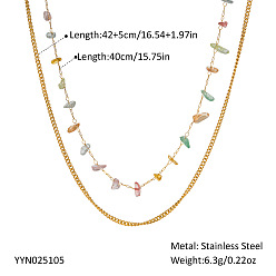 Настоящее золото 18K Разноцветные ожерелья из натуральной крошки камня и нержавеющей стали ручной работы с двойным слоем цепочки, реальный 18 k позолоченный, 15.75 дюйм (40 см) и 16.54 дюйм (42 см)
