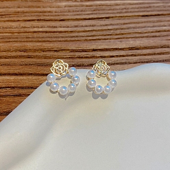 Flower Pearl Stud Earrings, 925 Silver Silver Pin Earrings for Women, Flower, 26x13mm