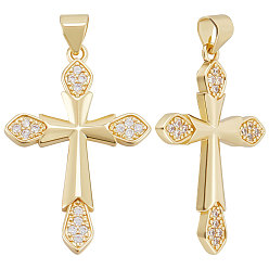 Настоящее золото 16K 6 кулоны из латуни с прозрачным кубическим цирконием, крест очарование, реальный 16 k позолоченный, 30.5x20.5x2.5 мм, отверстие : 4.5x3.5 мм