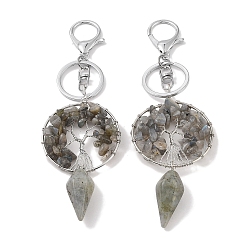 Labradorite Natural Labradorite Keychain, with Platinum Brass & Iron Findings, Long-Lasting Plated, Lead Free & Cadmium Free, Flat Round with Tree of Life, 15.7cm