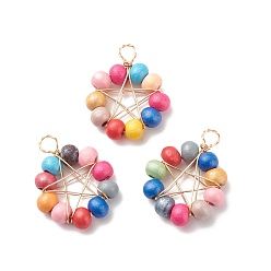 Разноцветный Подвески из круглых бусин из натурального дерева, с настоящей позолоченной медной проволокой 18k, кольцо с подвеской в виде звезды, окрашенные, красочный, 27.5~29x22~23x5.5~6 мм, отверстие : 4 мм