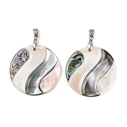 Плоский Круглый Подвески из натуральной ракушки-абалона, черной ракушки-губоноски и розовой ракушки, с защелкой из нержавеющей стали на поручнях, цвет нержавеющей стали, плоско-круглые, 38x3 мм, отверстие : 5.5x3.5 мм