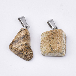 Picture Jasper Natural Picture Jasper Pendants, with Stainless Steel Snap On Bails, Nuggets, 15~35x10~20x5~15mm, Hole: 3x7.5mm