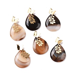 Natural Agate Ntuarl Agate Pendants, with Ion Plating(IP) 304 Stainless Steel Findings, Teardrop with Butterfly & Leaf, Real 18K Gold Plated, 40~41x25~25.5x6mm, Hole: 3mm
