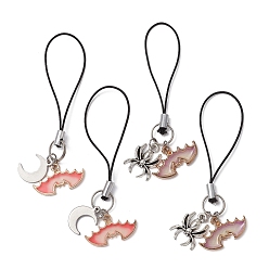 Mixed Color Alloy Enamel Mobile Straps, Nylon Cord Mobile Accessories Decoration, Bats & Spiders & Moon, Mixed Color, 83mm, 4pcs/set