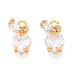 Настоящее золото 18K Латунные микро проложить кубического циркония прелести, сердце, реальный 18 k позолоченный, 12.5x8x4 мм, отверстие : 1.4 мм