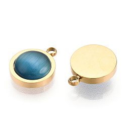 Plaqué 14K Or Véritable Pendentifs en acier inoxydable, polissage manuel, avec des yeux de chat, charme plat rond, réel 304 k plaqué or, 14mm, Trou: 12x10x4mm