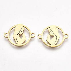 Golden 201 Stainless Steel Links connectors, Laser Cut Links, Flat Round with Woman, Golden, 14x18.5x1mm, Hole: 1.5mm
