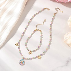 Золотой Наборы украшений из натуральных ракушек: бусины из ракушек и подвеска в виде капли из нержавеющей стали с эмалированным узором в виде стрекозы и бабочки., золотые, колье: 304 дюйм (18.62 см)