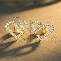 Golden 925 Sterling Silver Micro Pave Cubic Zirconia Heart Stud Earrings for Women, Golden, 13.2x11mm