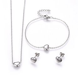 Mixed Color 304 Stainless Steel Jewelry Sets, Pendant Necklaces & Stud Earrings & Bracelets, Heart, Mixed Color, 16.93 inch(43cm), 6-3/4 inch(17cm), 7x9x2.5mm, Pin: 0.8mm