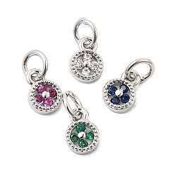 (52) Непрозрачная лаванда Латунные микро проложить кубического циркония подвески, плоский круг с подвеской в виде клевера, без свинца и без кадмия, долговечный, стойки покрытие, платина, разноцветные, 8x6x2 мм, Перейти кольцо: 5x1 мм, внутренний диаметр: 3 мм