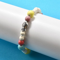 (52) Непрозрачная лаванда Фарфоровые бусины и синтетические бусины говлита эластичные браслеты для женщин, с подвеской в виде рыбки из сплава и синтетической морской звезды из говлита, разноцветные, внутренний диаметр: 2 дюйм (5 см)