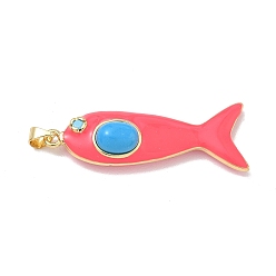 Cerise Ocean Dyed Synthetic Turquoise Pendants, Brass Enamel Fish Charms, Real 18K Gold Plated, Long-Lasting Plated, Rack Plating, Lead Free & Cadmium Free, Cerise, 44x15x8.5mm, Hole: 5x3mm